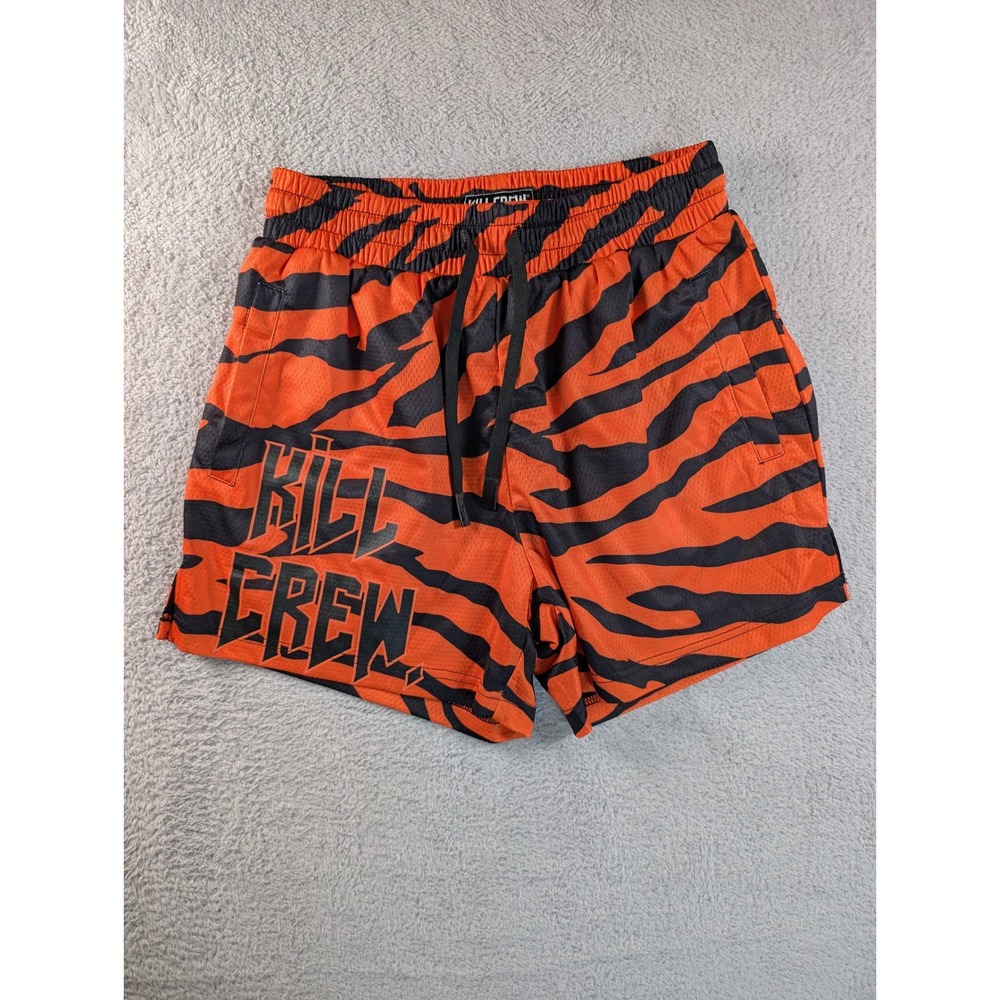 Kill Crew Mens Tiger Stripe Mesh Gym Shorts Orange Black Logo Size Medium NWT